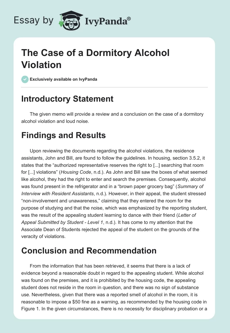 The Case of a Dormitory Alcohol Violation. Page 1