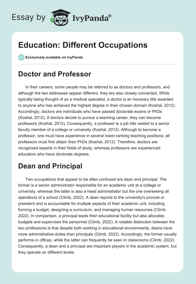 Education: Different Occupations. Page 1