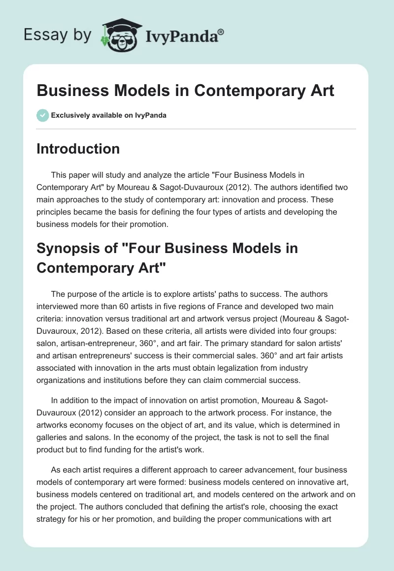 Business Models in Contemporary Art. Page 1