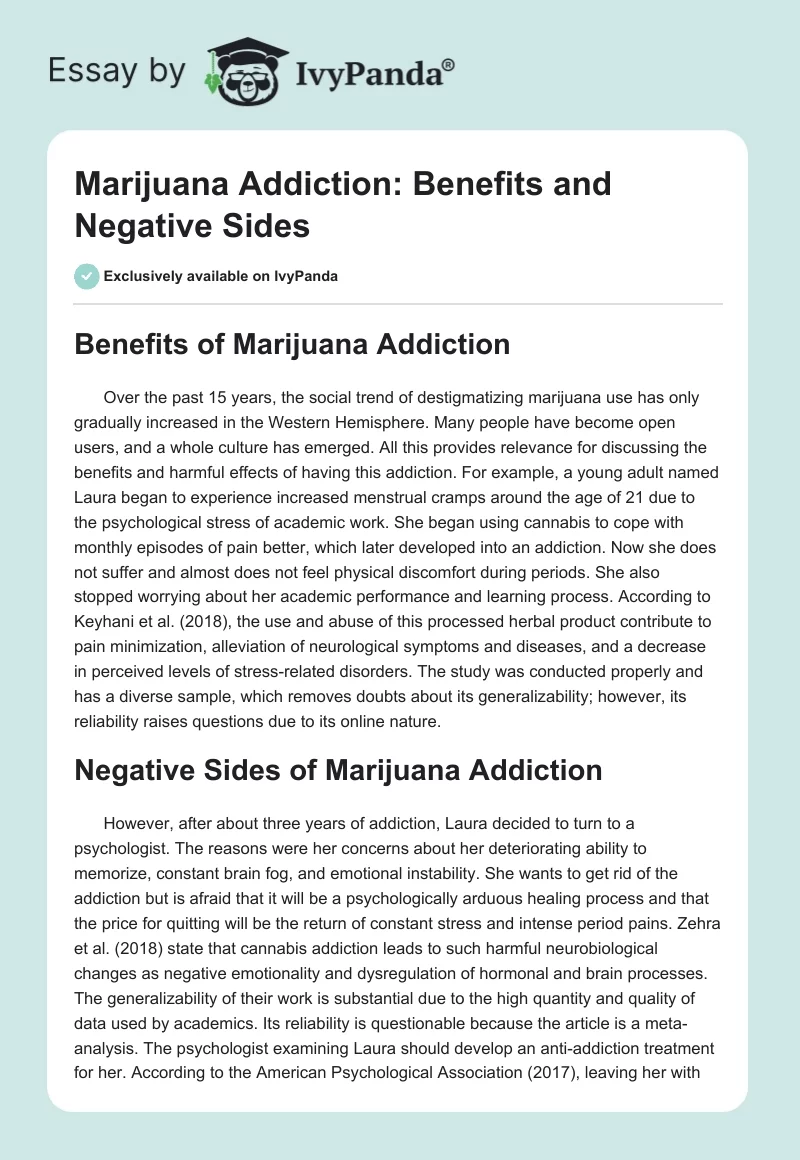 Marijuana Addiction: Benefits and Negative Sides. Page 1