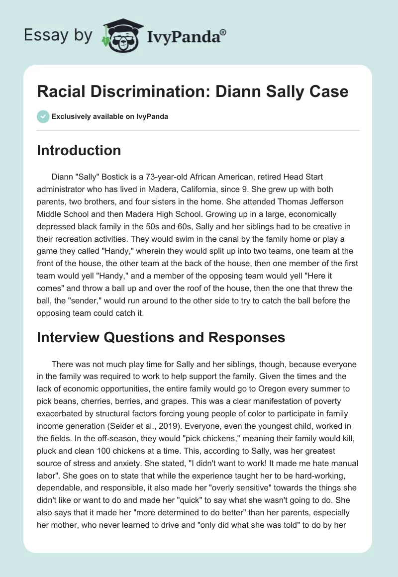 Racial Discrimination: Diann "Sally" Case. Page 1