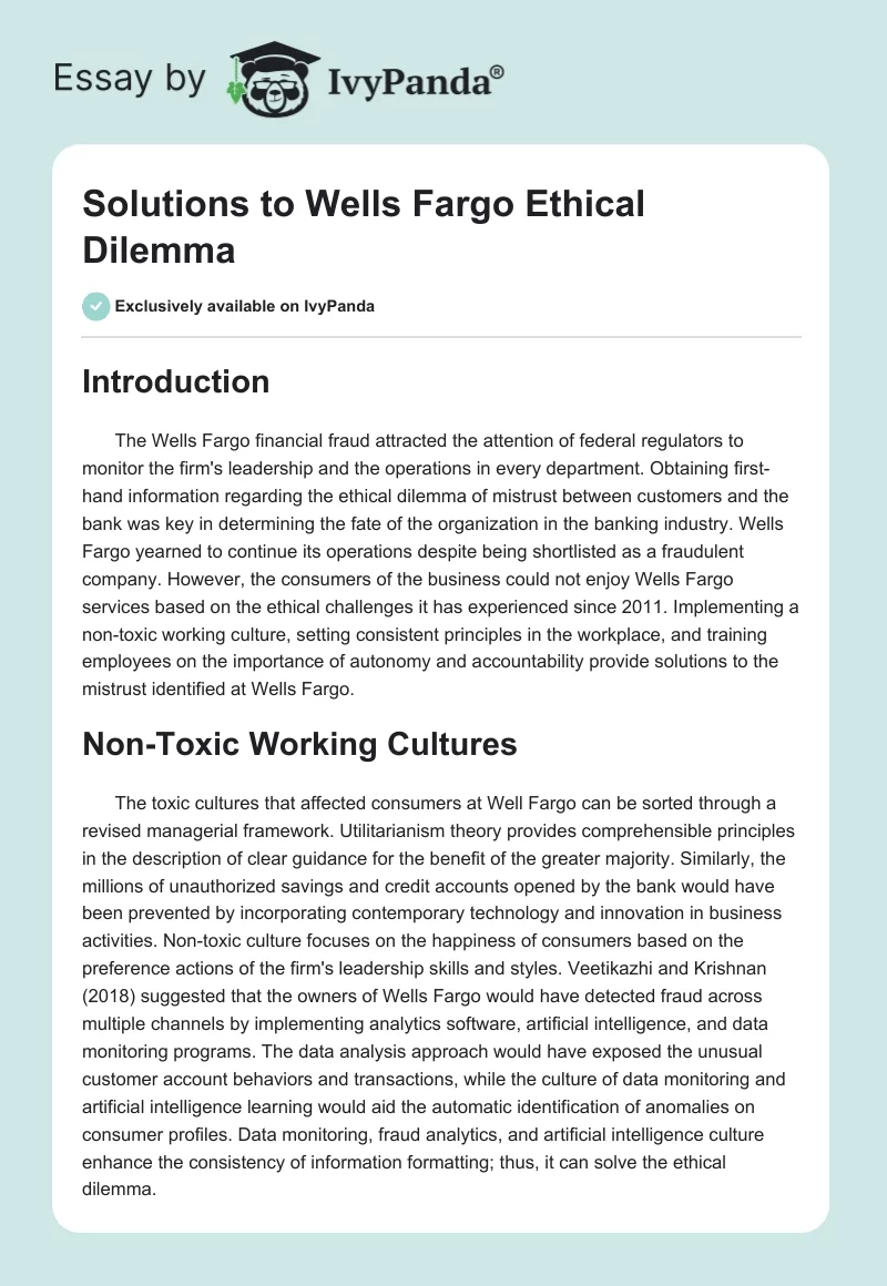 Solutions to Wells Fargo Ethical Dilemma. Page 1