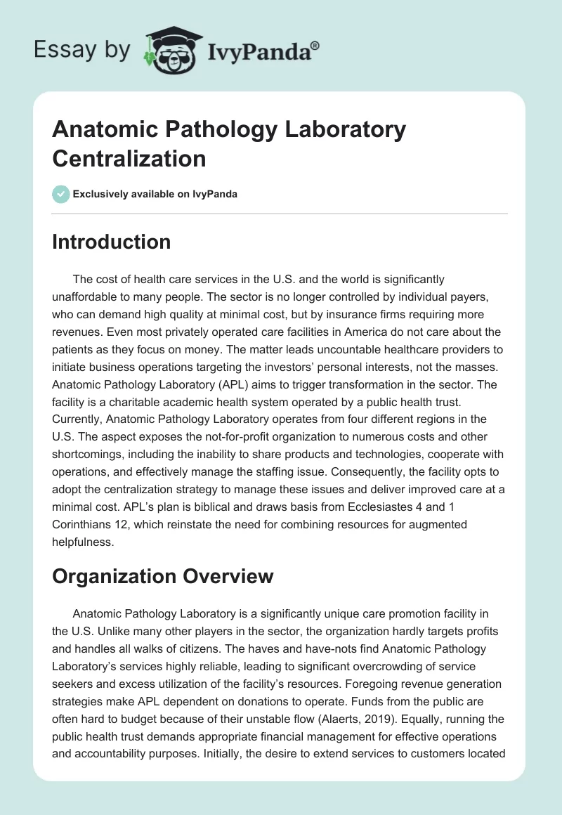 Anatomic Pathology Laboratory Centralization. Page 1