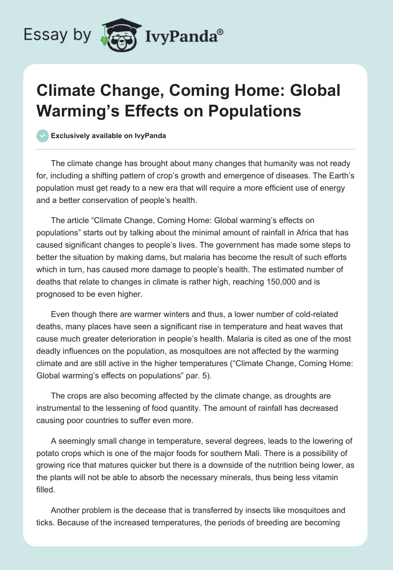 Climate Change, Coming Home: Global Warming’s Effects on Populations. Page 1