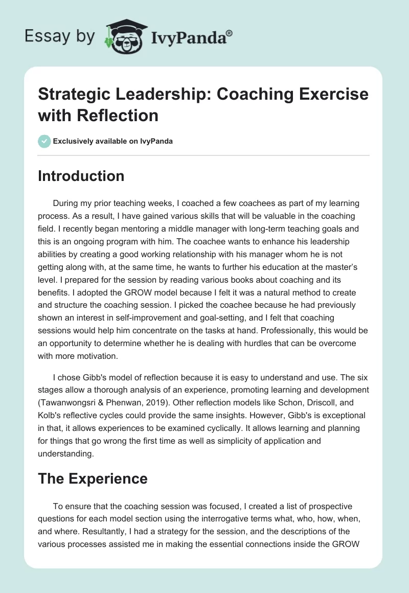 Strategic Leadership: Coaching Exercise with Reflection. Page 1