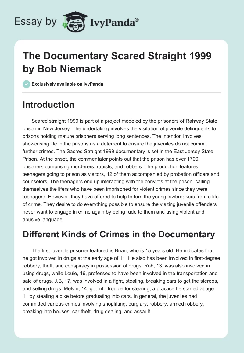 The Documentary "Scared Straight 1999" by Bob Niemack. Page 1