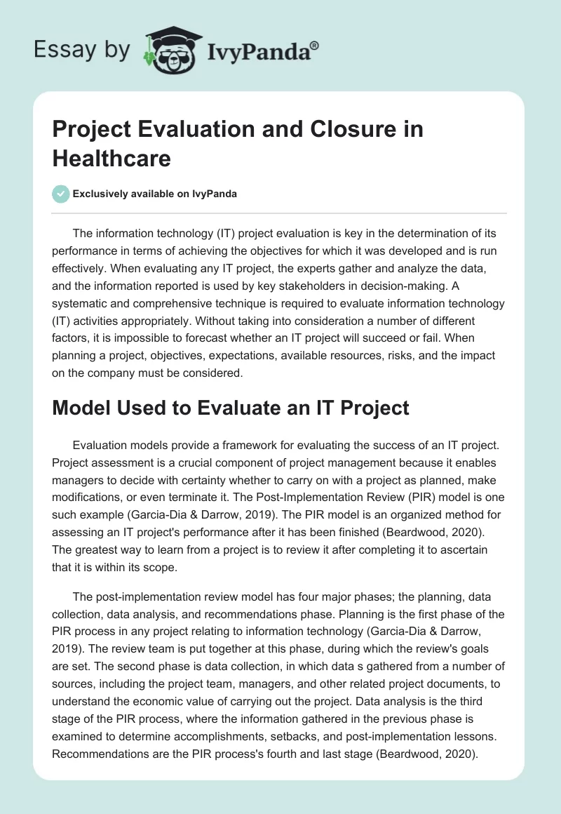 Project Evaluation and Closure in Healthcare. Page 1