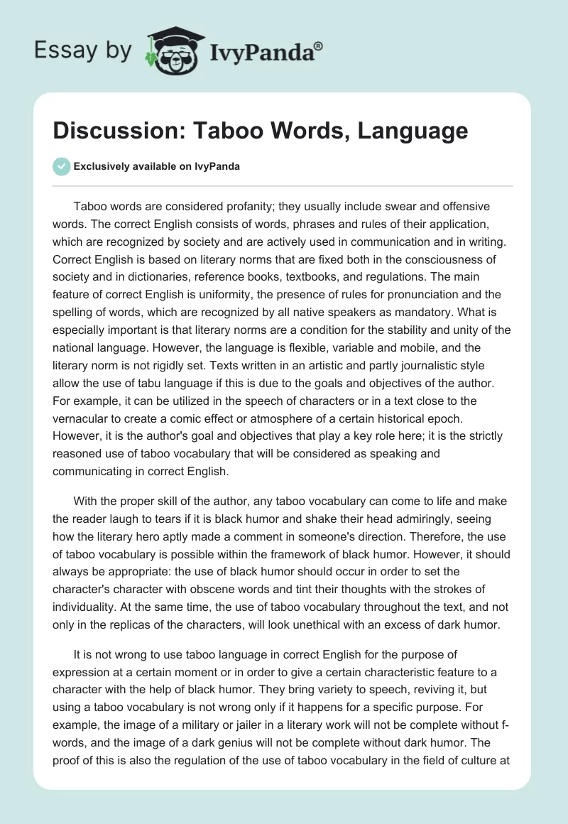 Discussion: Taboo Words, Language. Page 1