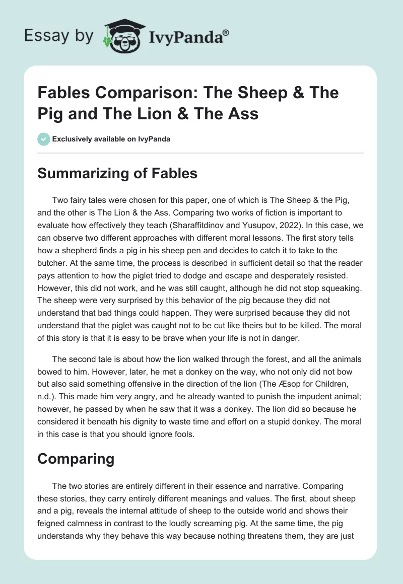Fables Comparison: "The Sheep & The Pig" and The Lion & The Ass". Page 1