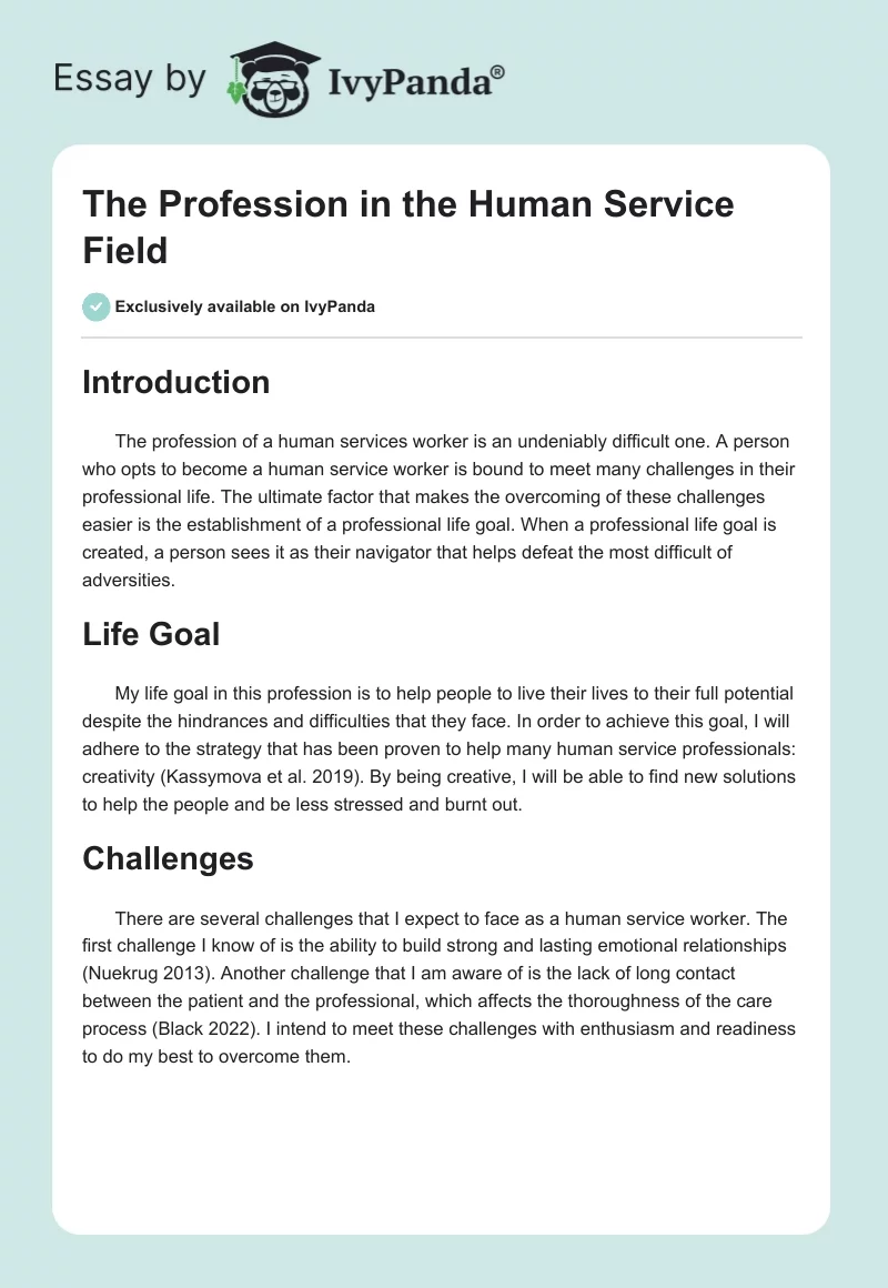 The Profession in the Human Service Field. Page 1