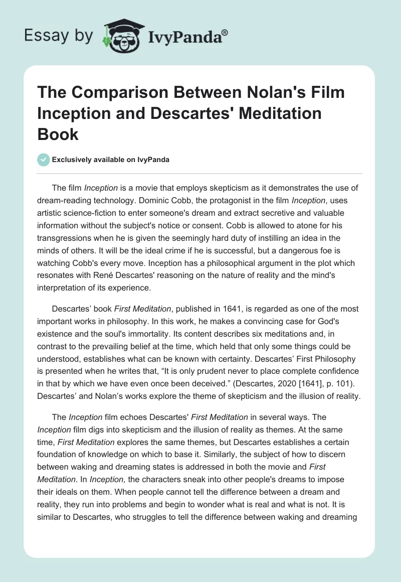 The Comparison Between Nolan's Film Inception and Descartes' Meditation Book. Page 1