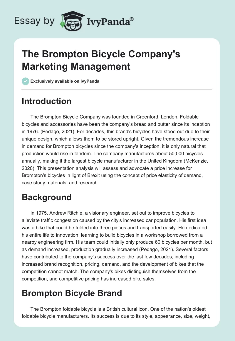 The Brompton Bicycle Company's Marketing Management. Page 1
