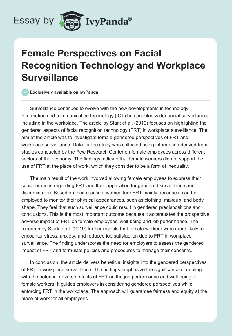 Female Perspectives on Facial Recognition Technology and Workplace Surveillance. Page 1