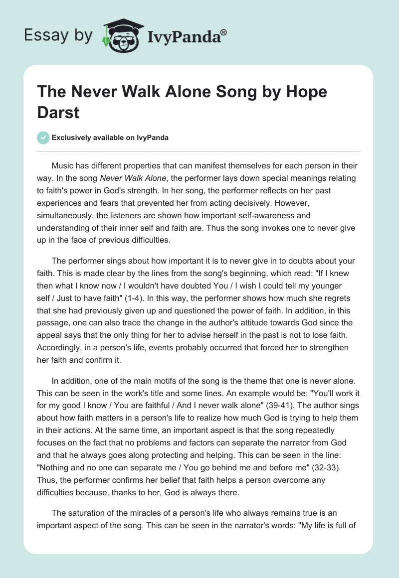 The "Never Walk Alone" Song by Hope Darst. Page 1