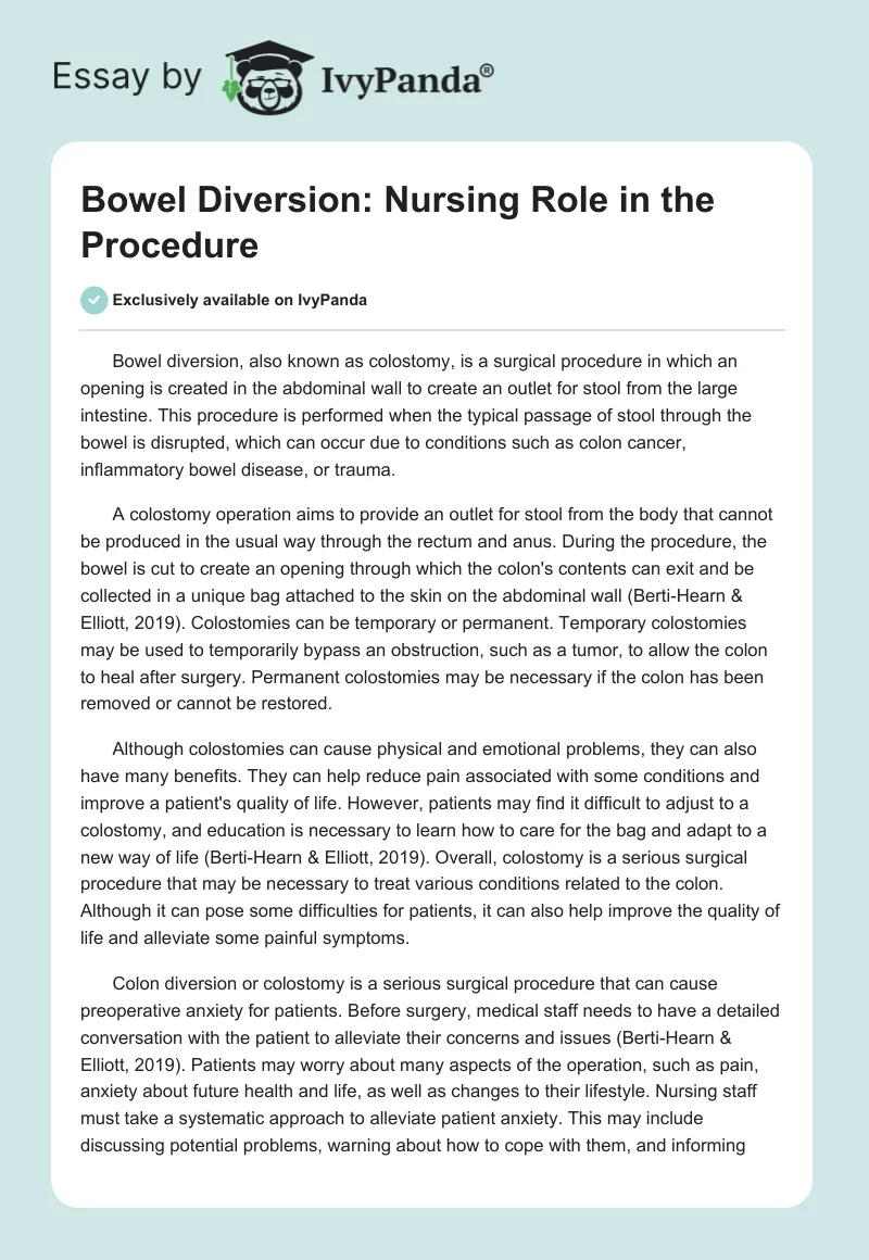 Bowel Diversion: Nursing Role in the Procedure. Page 1