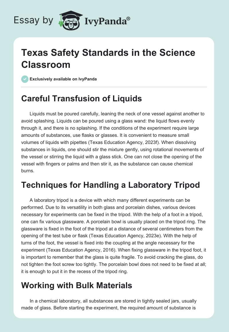 Texas Safety Standards in the Science Classroom. Page 1