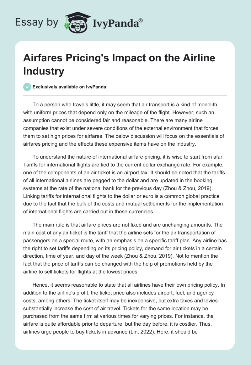 Airfares Pricing's Impact on the Airline Industry. Page 1