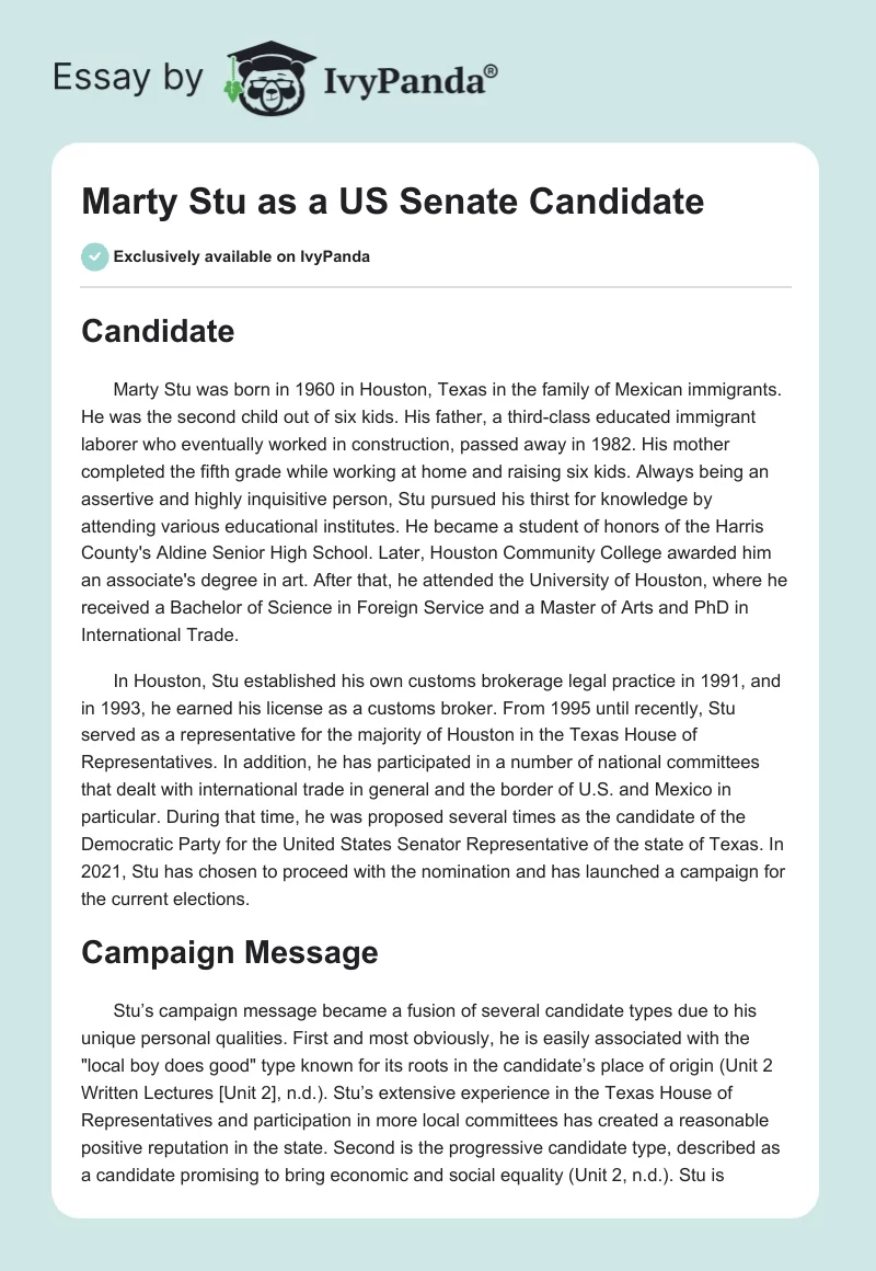 Marty Stu as a US Senate Candidate. Page 1