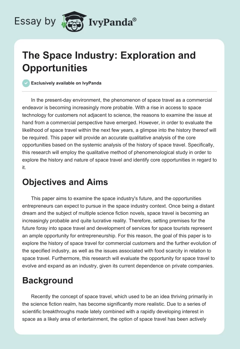 The Space Industry: Exploration and Opportunities. Page 1