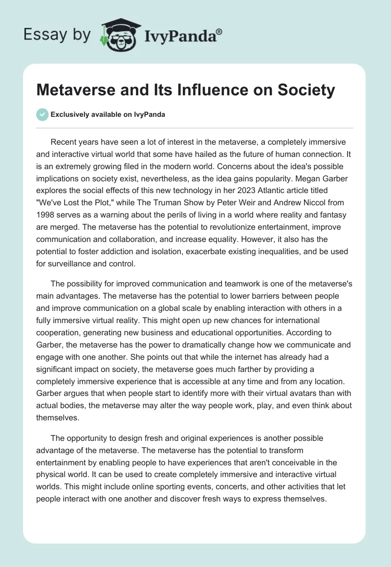 Metaverse and Its Influence on Society. Page 1