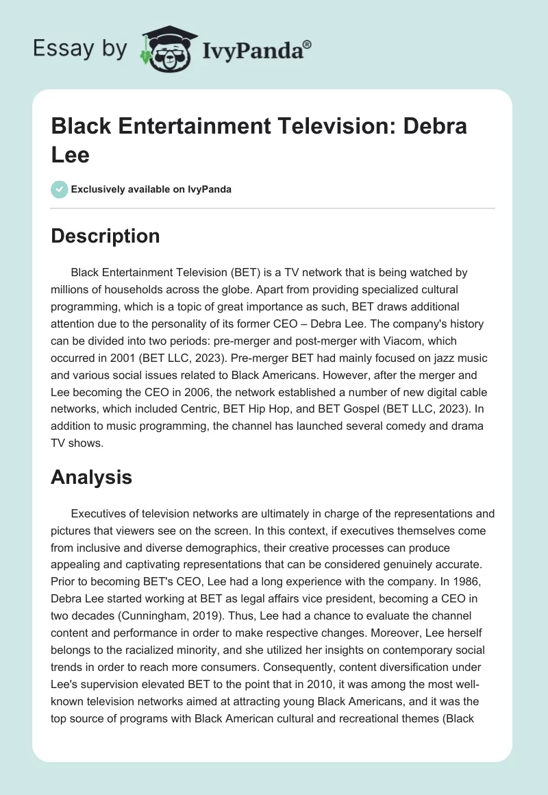 Black Entertainment Television: Debra Lee. Page 1