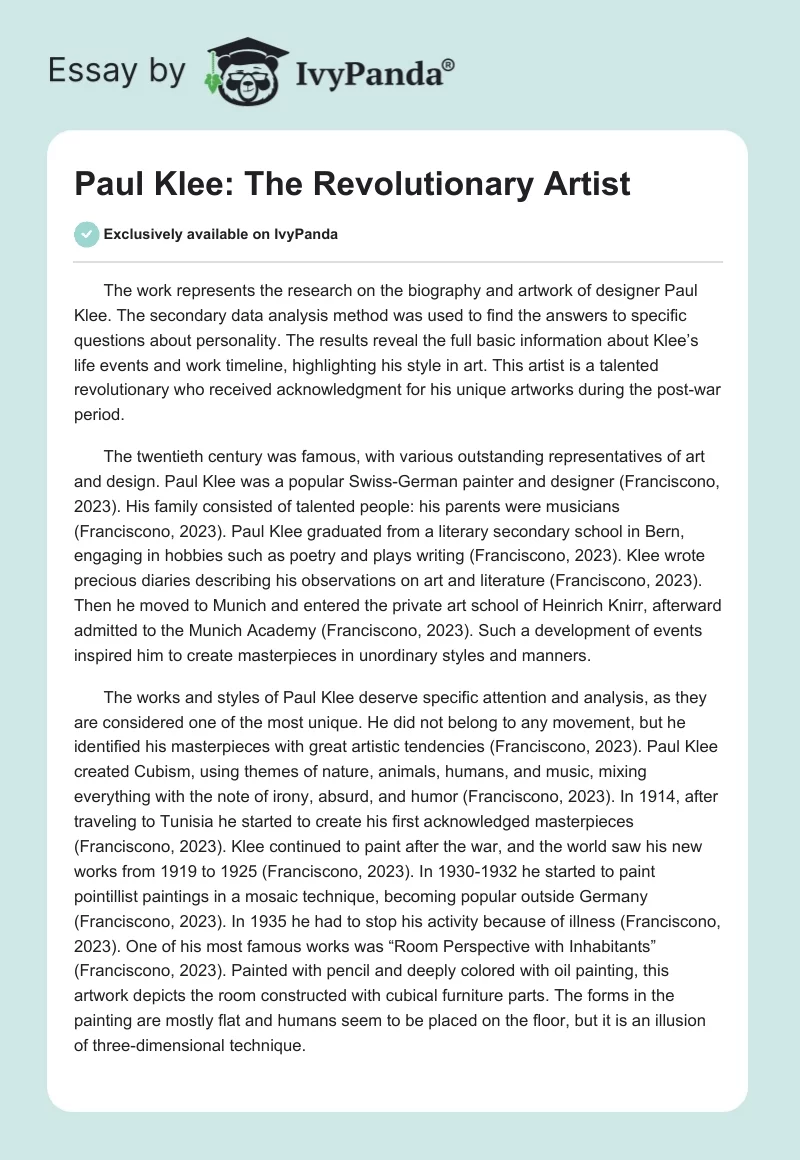 Paul Klee: The Revolutionary Artist - 360 Words | Research Paper Example