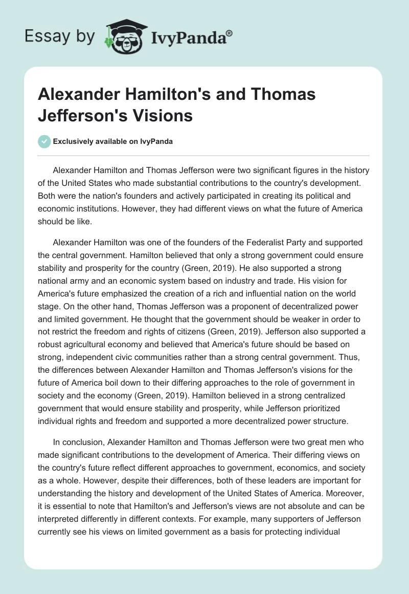 Alexander Hamilton's and Thomas Jefferson's Visions. Page 1