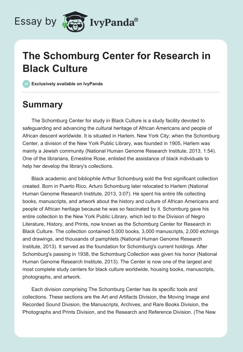 The Schomburg Center for Research in Black Culture. Page 1