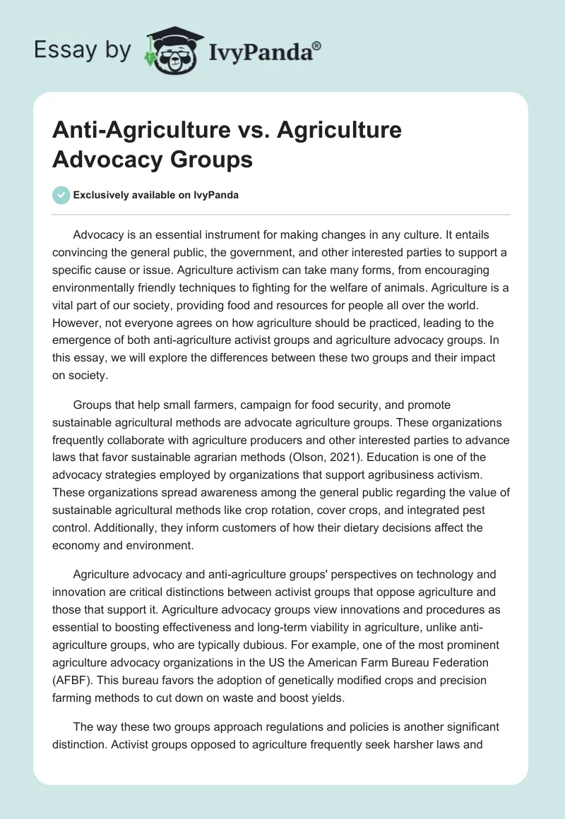 Anti-Agriculture vs. Agriculture Advocacy Groups. Page 1