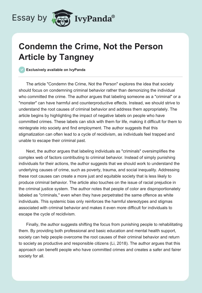 Condemn the Crime, Not the Person Article by Tangney. Page 1