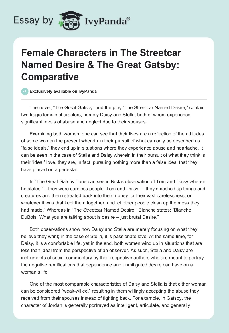 Female Characters in A Streetcar Named Desire & The Great Gatsby: Comparative. Page 1