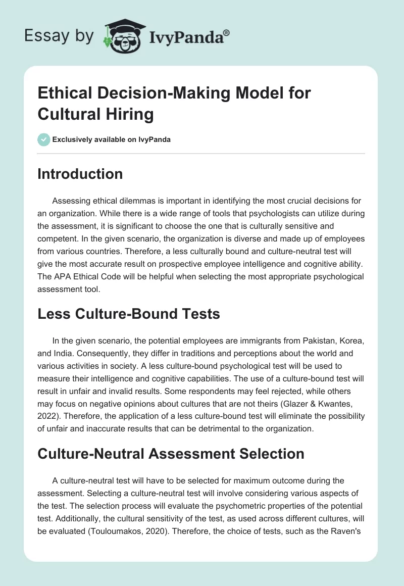 Ethical Decision-Making Model for Cultural Hiring. Page 1