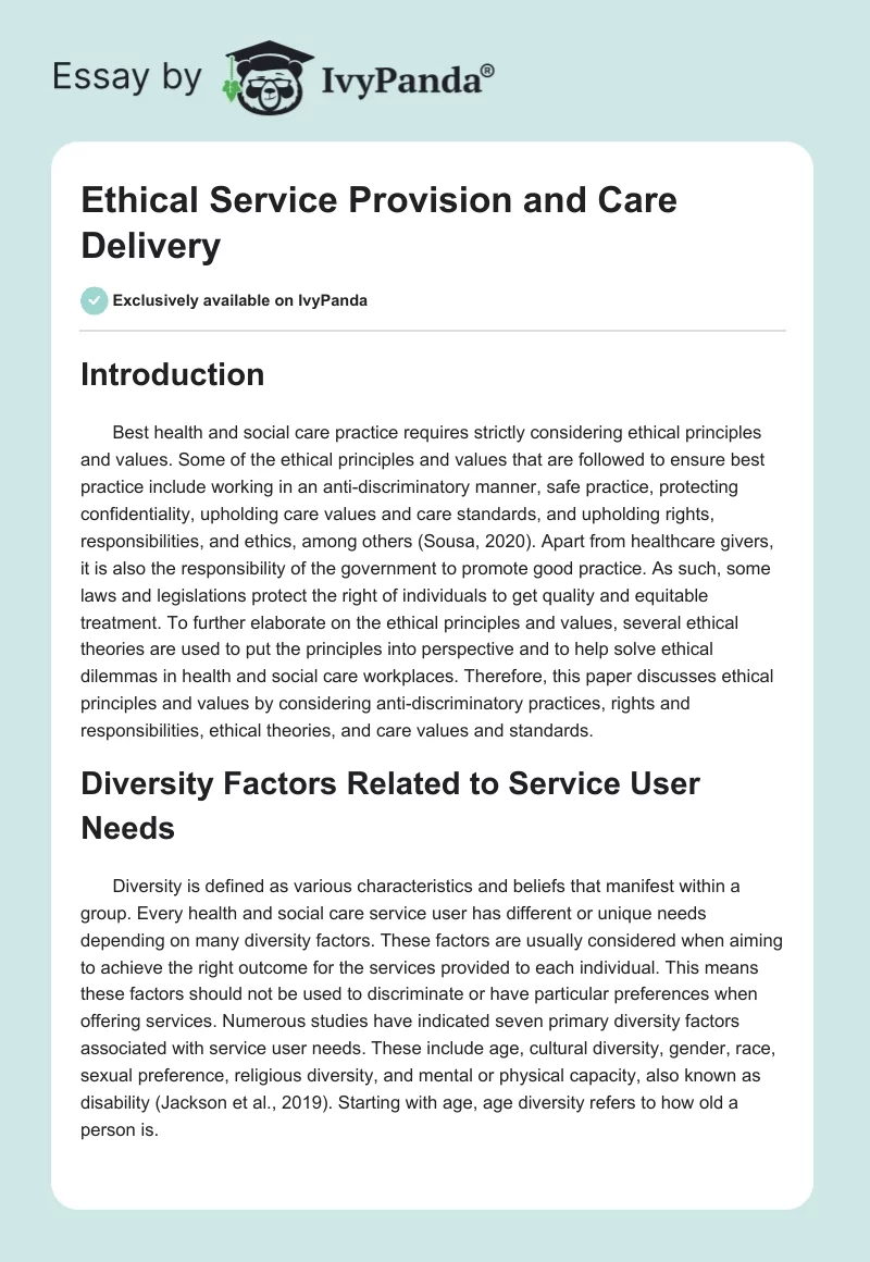 Ethical Service Provision and Care Delivery. Page 1