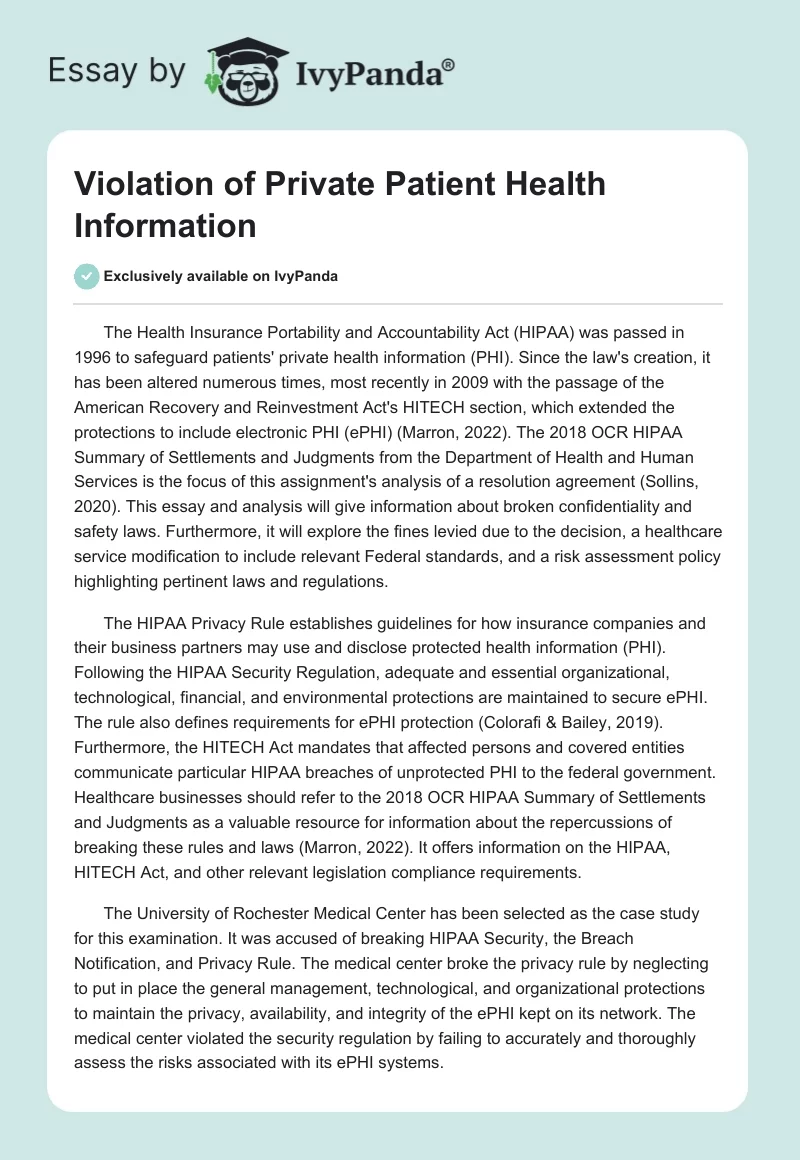 Violation of Private Patient Health Information. Page 1