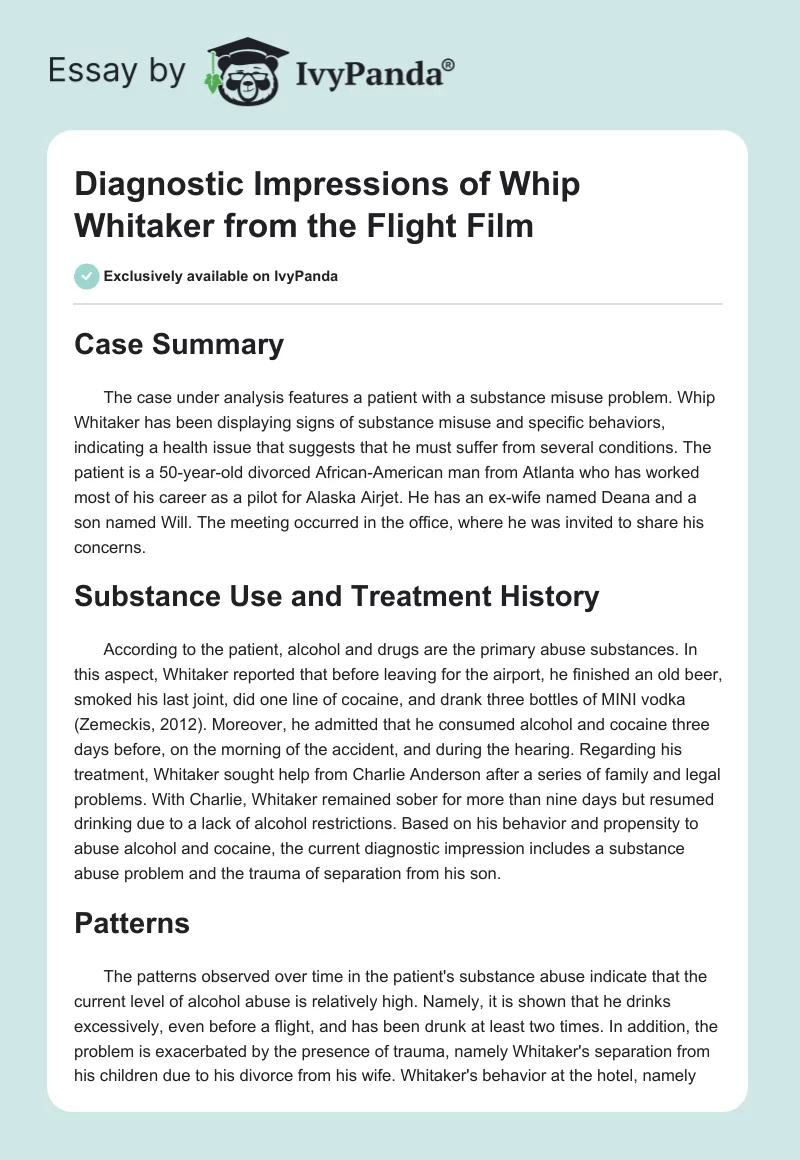 Diagnostic Impressions of Whip Whitaker from the Flight Film. Page 1