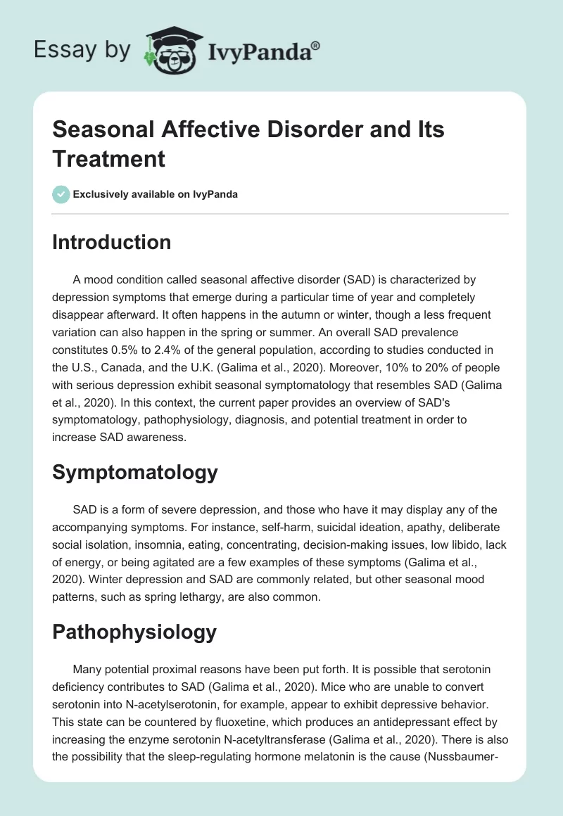 Seasonal Affective Disorder and Its Treatment. Page 1