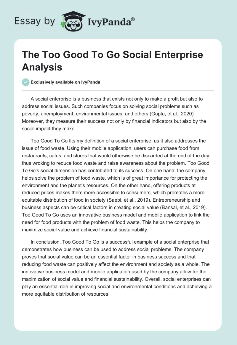 The Too Good To Go Social Enterprise Analysis. Page 1