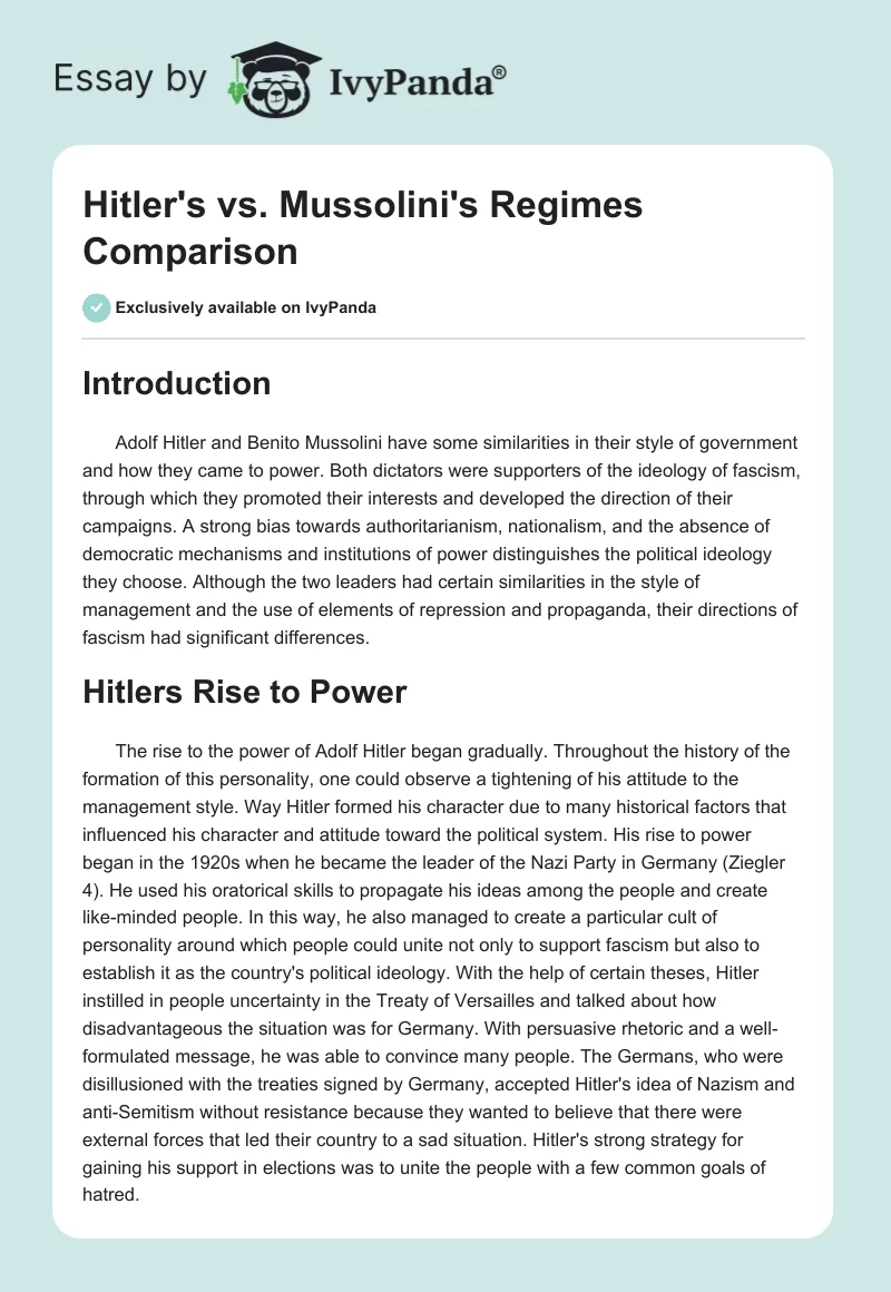 Hitler's vs. Mussolini's Regimes Comparison. Page 1