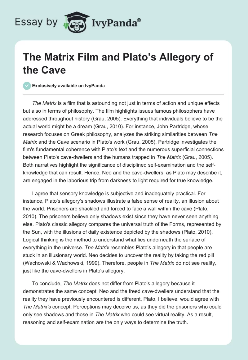 The Matrix Film and Plato’s Allegory of the Cave. Page 1