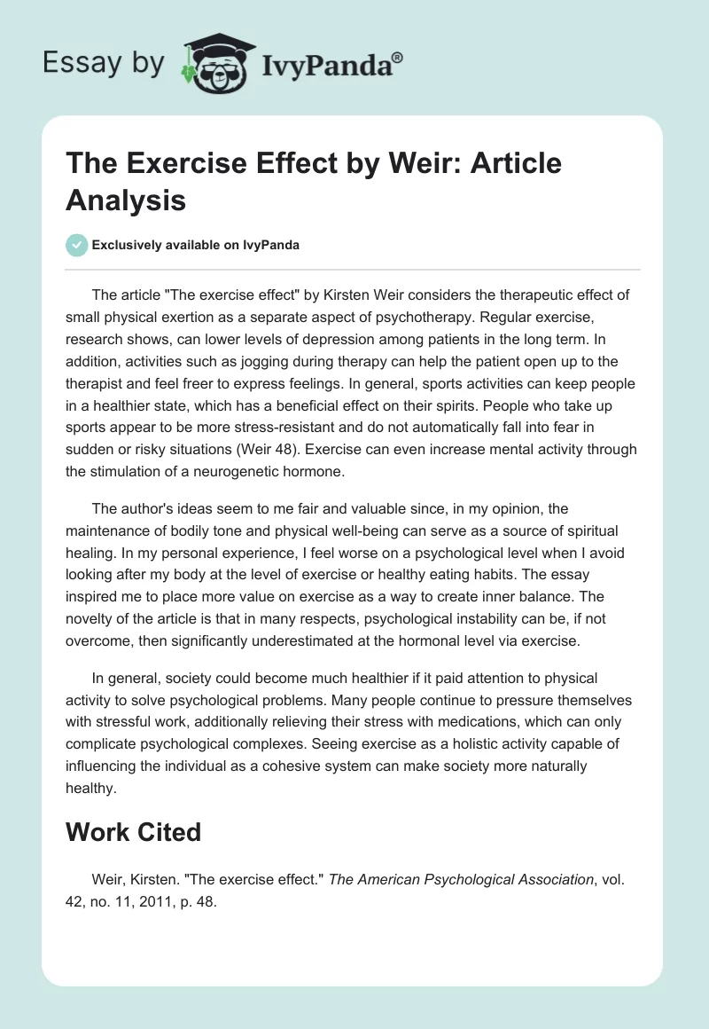 The Exercise Effect by Weir: Article Analysis. Page 1