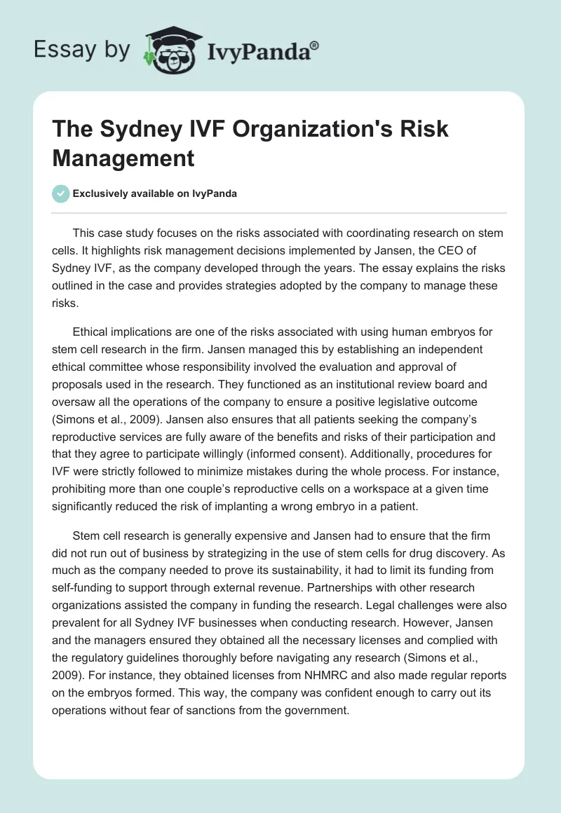 The Sydney IVF Organization's Risk Management. Page 1
