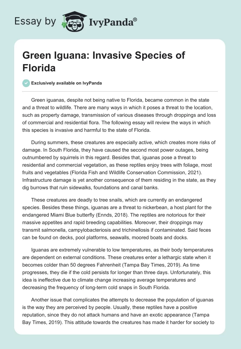 Green Iguana: Invasive Species of Florida. Page 1