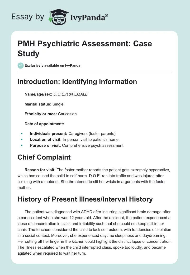 PMH Psychiatric Assessment: Case Study. Page 1