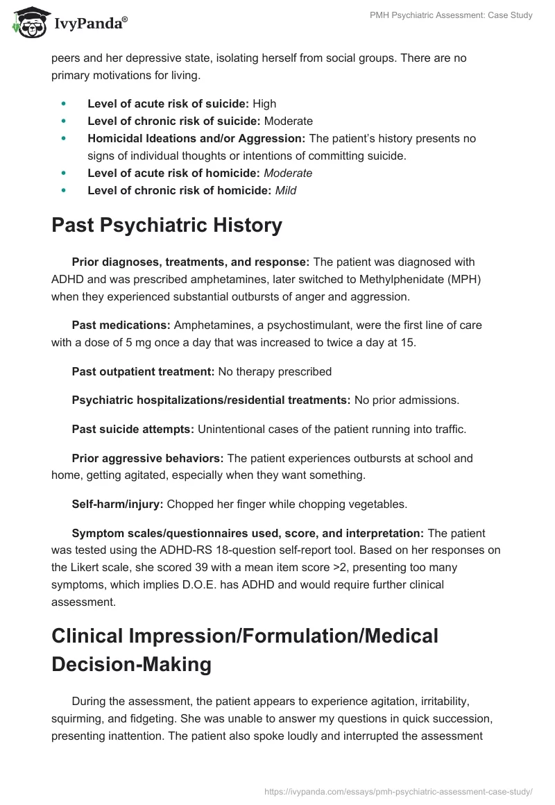 PMH Psychiatric Assessment: Case Study. Page 3