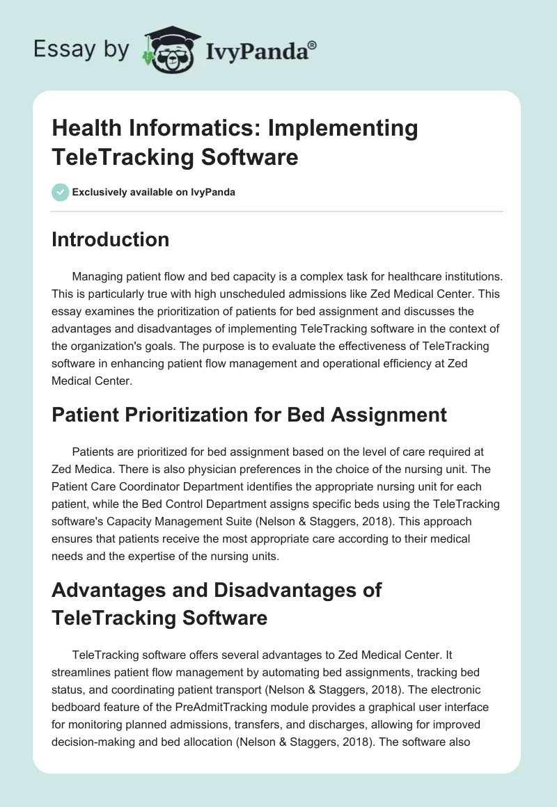 Health Informatics: Implementing TeleTracking Software. Page 1