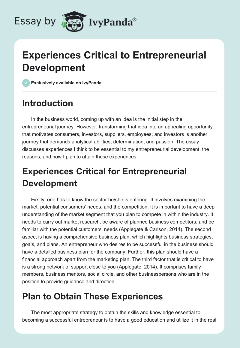 Experiences Critical to Entrepreneurial Development. Page 1