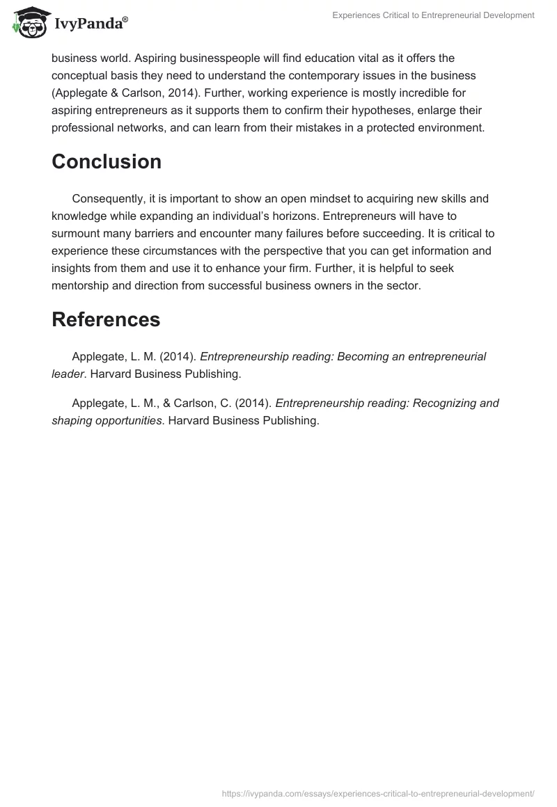 Experiences Critical to Entrepreneurial Development. Page 2