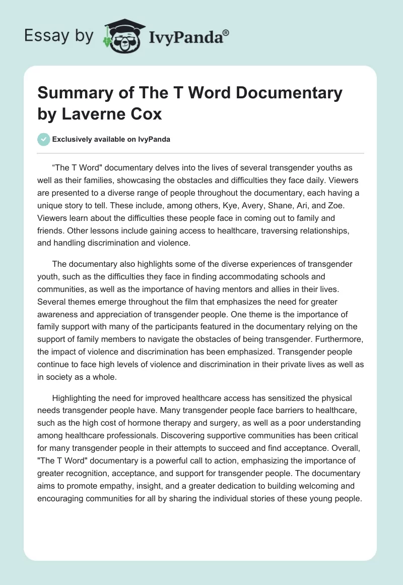Summary of "The T Word" Documentary by Laverne Cox. Page 1
