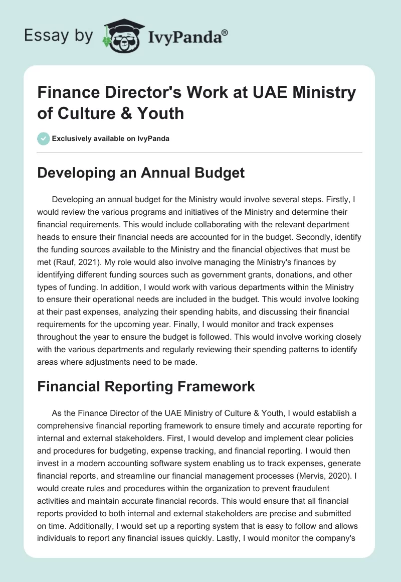 Finance Director's Work at UAE Ministry of Culture & Youth. Page 1