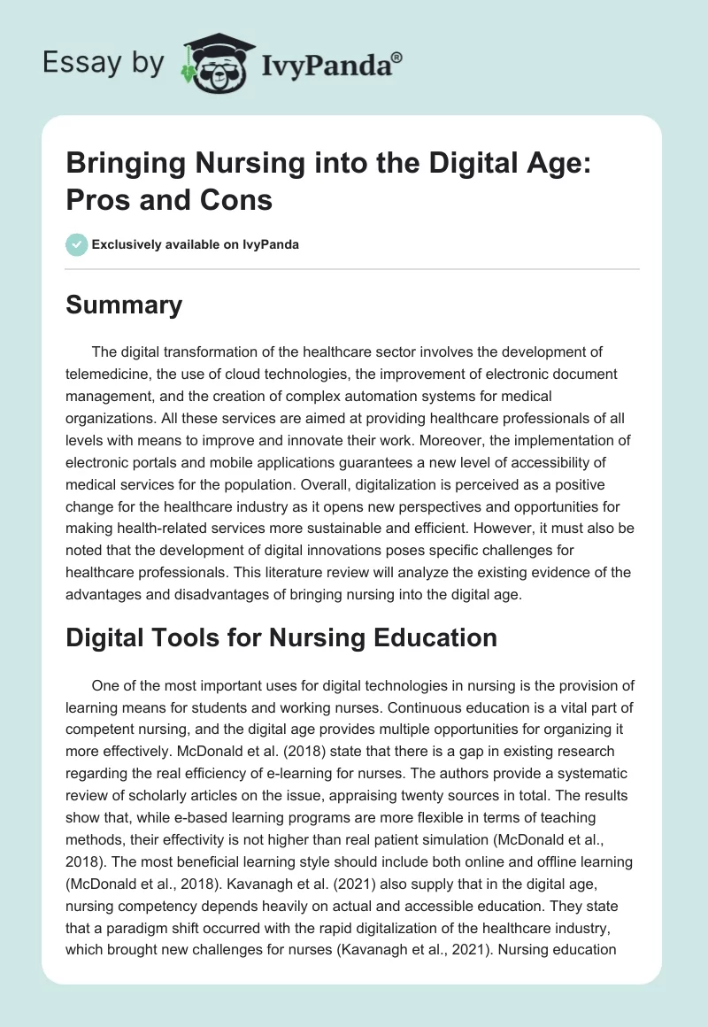 Bringing Nursing into the Digital Age: Pros and Cons. Page 1